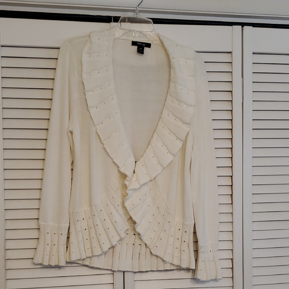 Style & Co Cream Ruffle and Eyelet Romantic Cardigan, Petite XL